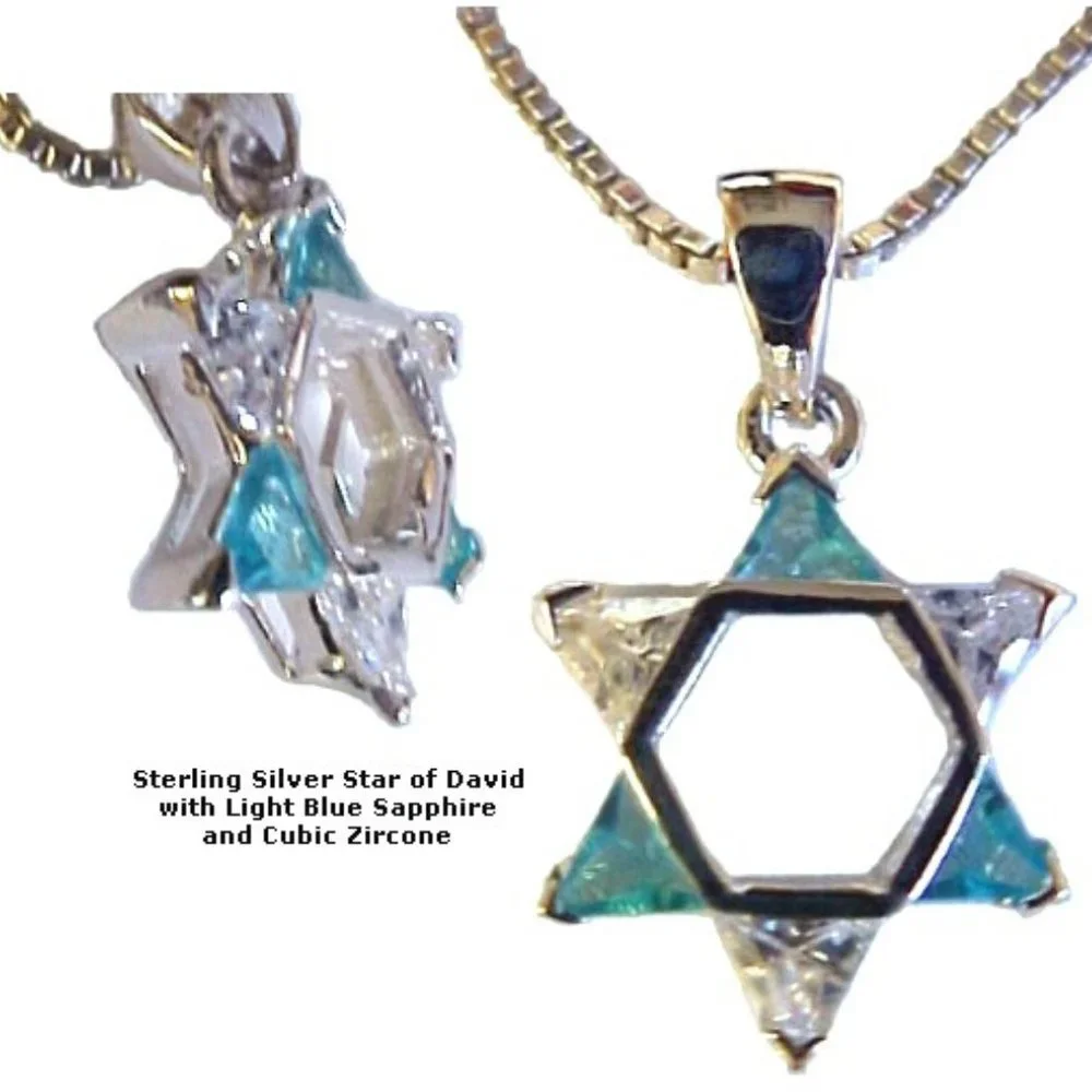 Star of David with Pale Light Blue Sapphire & Cubic Zircons Necklace - Picture 1 of 1